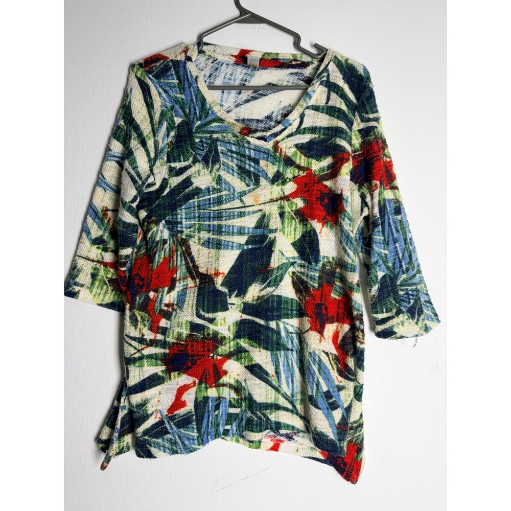 Thomas & Olivia Tropical Palm Leaf Floral V-Neck Knit Top 3/4 Sleeve Large